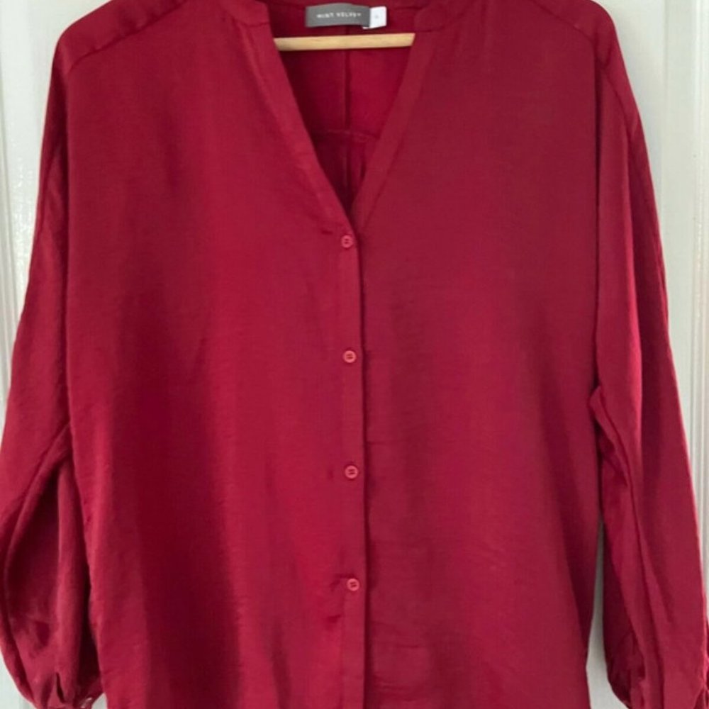 Mint Velvet Deep Red Button Up Shirt Top Casual Smart Satin Size UK 8 Oversized
